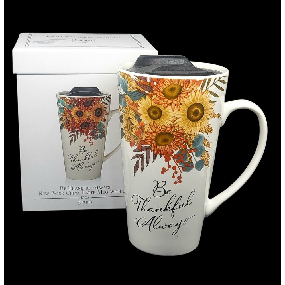 NEW Bone China Latte Coffee Mug W/Lid "Be Thankful Always" 17 Oz NIB - GRS